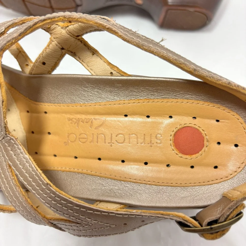 Clarks Unstructured Sandals Strappy Slingback Brown Taupe Wedge Heel Women 9.5 M